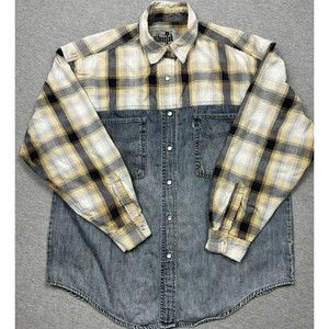 Vintage Levis Silvertab Plaid Denim Shirt Mens Large Pearl Snaps Long Sleeve